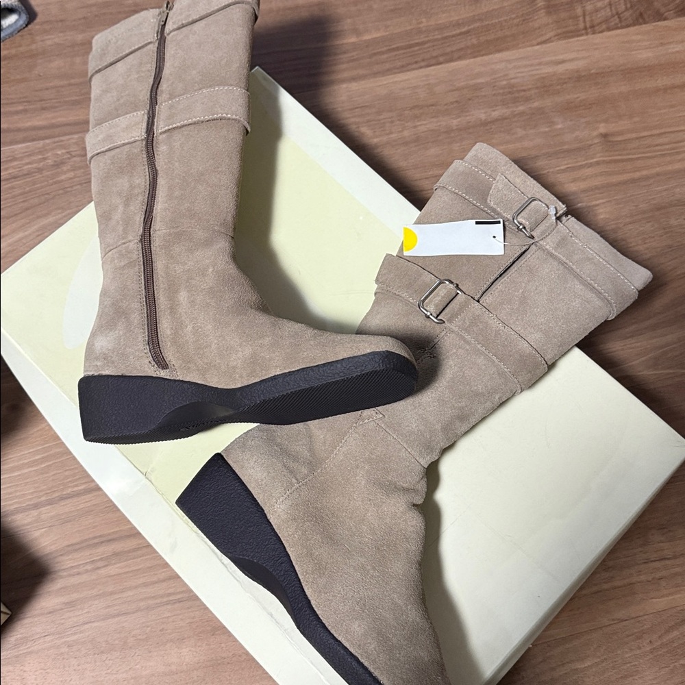 NEW Etienne Aigner Beige Suede Boots with Buckle Accents